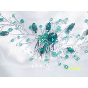 Green rhinestone hair comb hair piece, wedding party formal prom hair comb
